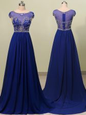 Edgy Royal Blue Empire Scoop Cap Sleeves Chiffon With Brush Train Zipper Beading Prom Party Dress