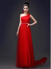  Red A-line Tulle One Shoulder Sleeveless Beading Floor Length Zipper Prom Gown