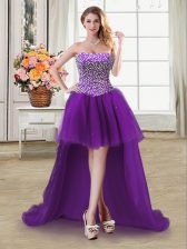 New Style High Low Lace Up Prom Party Dress Purple for Prom and Party with Beading