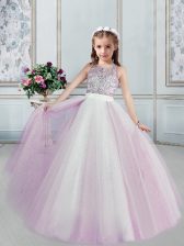  Lilac Ball Gowns Scoop Sleeveless Tulle Floor Length Lace Up Beading Girls Pageant Dresses