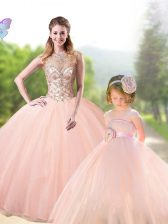 High End Scoop Sleeveless Tulle Floor Length Lace Up 15 Quinceanera Dress in Peach with Beading