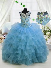 Latest Scoop Ruffled Floor Length Ball Gowns Sleeveless Baby Blue Womens Party Dresses Lace Up
