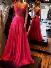 Elegant Scoop Red A-line Appliques Prom Gown Zipper Chiffon Sleeveless Floor Length