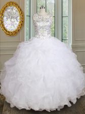 Sexy Organza Scoop Sleeveless Lace Up Beading and Ruffles Quinceanera Gown in White