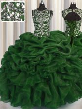 Noble Scoop See Through Sleeveless Organza Floor Length Lace Up 15th Birthday Dress in Dark Green with Beading and Pick Ups