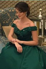 Top Selling Off the Shoulder Floor Length A-line Short Sleeves Dark Green Dress for Prom Zipper