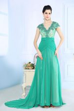  Turquoise Dress for Prom Prom and Party with Beading and Lace and Ruching V-neck Cap Sleeves Brush Train Side Zipper