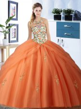 Wonderful Orange Halter Top Lace Up Embroidery and Pick Ups Quinceanera Gown Sleeveless