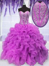  Organza Sweetheart Sleeveless Lace Up Beading and Ruffles Quinceanera Gowns in Fuchsia