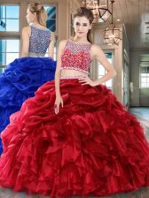 Luxury Wine Red Organza Side Zipper Bateau Sleeveless Floor Length Quinceanera Gowns Beading and Ruffles and Pick Ups