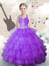  Halter Top Floor Length Lace Up Little Girl Pageant Gowns Lavender for Party and Wedding Party with Beading and Ruffled Layers