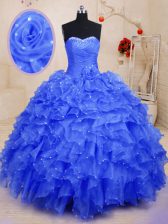 Custom Designed Blue Sweetheart Lace Up Beading and Ruffles and Hand Made Flower Sweet 16 Dresses Sleeveless