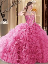 Custom Made Fabric With Rolling Flowers Sweetheart Sleeveless Lace Up Embroidery and Ruffles and Pick Ups Quinceanera Gown in Rose Pink
