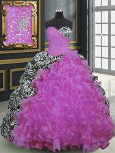 Shining Fuchsia Organza and Printed Lace Up Sweetheart Sleeveless With Train Sweet 16 Dress Brush Train Beading and Ruffles and Pattern