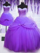  Three Piece Purple Lace Up Sweetheart Beading and Bowknot Vestidos de Quinceanera Tulle Sleeveless