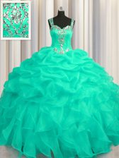  See Through Zipper Up Turquoise Sleeveless Organza Zipper Quinceanera Dress for Military Ball and Sweet 16 and Quinceanera
