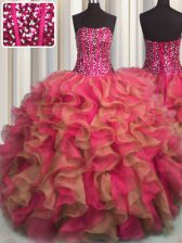  Visible Boning Beaded Bodice Strapless Sleeveless Organza 15th Birthday Dress Beading and Ruffles Lace Up