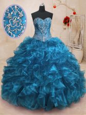  Blue Sleeveless Sweep Train Beading and Ruffles With Train Quince Ball Gowns