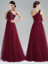  One Shoulder With Train Burgundy Tulle Brush Train Sleeveless Appliques and Sequins and Belt