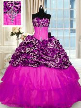  Printed Lace Up Sweet 16 Dresses Fuchsia for Military Ball and Sweet 16 and Quinceanera with Beading and Ruffled Layers and Sequins Sweep Train