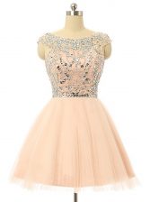  Scoop Peach Zipper Dress for Prom Beading and Sequins Sleeveless Knee Length