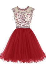 Decent Scoop Wine Red A-line Beading Prom Party Dress Zipper Tulle Cap Sleeves Mini Length