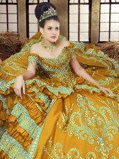 Artistic Gold Ball Gowns Satin Off The Shoulder Sleeveless Embroidery Floor Length Lace Up Quinceanera Dress