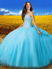  Aqua Blue Ball Gowns Tulle Strapless Sleeveless Beading and Bowknot Floor Length Lace Up Quinceanera Gown