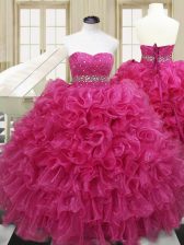 Stylish Sweetheart Sleeveless Sweet 16 Dress Floor Length Beading and Ruffles Hot Pink Organza