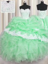  Green Sleeveless Floor Length Beading and Appliques and Ruffles and Pick Ups Lace Up Quinceanera Gown