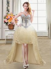  Champagne Tulle and Lace Lace Up Prom Evening Gown Sleeveless High Low Beading and Lace and Sequins