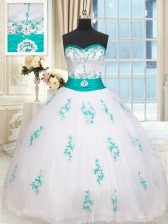On Sale Sleeveless Lace Up Floor Length Beading and Appliques Quince Ball Gowns