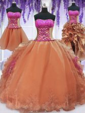  Four Piece Orange Organza Lace Up Strapless Sleeveless Floor Length Sweet 16 Quinceanera Dress Embroidery and Ruffles