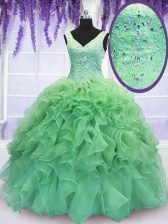 Edgy 15 Quinceanera Dress Military Ball and Sweet 16 and Quinceanera with Beading and Ruffles V-neck Sleeveless Lace Up