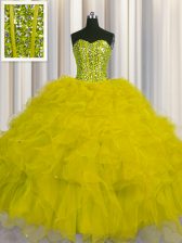  Visible Boning Ball Gowns Sweet 16 Dresses Yellow Sweetheart Tulle Sleeveless Floor Length Lace Up