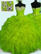 High End Floor Length Lace Up Quince Ball Gowns Yellow Green for Military Ball and Sweet 16 and Quinceanera with Beading and Ruffles