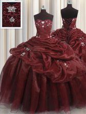  Burgundy Organza Lace Up Sweetheart Sleeveless Floor Length Quinceanera Gown Beading and Appliques and Pick Ups