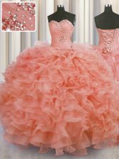  Watermelon Red Ball Gowns Beading and Ruffles Sweet 16 Dress Lace Up Organza Sleeveless Floor Length