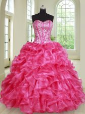  Hot Pink Lace Up Sweetheart Beading and Ruffles Sweet 16 Dresses Organza Sleeveless