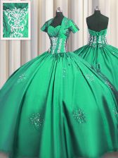 Amazing Turquoise Ball Gowns Taffeta Sweetheart Short Sleeves Beading and Appliques and Ruching Floor Length Lace Up Sweet 16 Quinceanera Dress