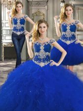 Customized Three Piece Off the Shoulder Royal Blue Lace Up 15 Quinceanera Dress Beading and Ruffles Sleeveless Floor Length