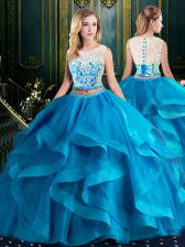 Beauteous Scoop Sleeveless With Train Lace and Ruffles Zipper Quince Ball Gowns with Baby Blue Brush Train
