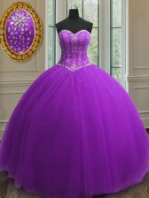  Sequins Ball Gowns 15th Birthday Dress Purple Sweetheart Tulle Sleeveless Floor Length Lace Up