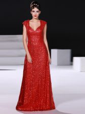  Red V-neck Zipper Sequins Prom Dresses Sleeveless