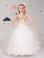 Artistic White Organza Lace Up Halter Top Sleeveless Floor Length Toddler Flower Girl Dress Beading and Ruffles and Hand Made Flower