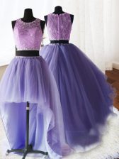  Three Piece Lavender Quinceanera Gown Military Ball and Sweet 16 and Quinceanera with Beading and Lace and Ruffles Scoop Sleeveless Brush Train Zipper