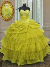  Sleeveless Organza Floor Length Lace Up Sweet 16 Dress in Yellow with Beading and Ruffled Layers and Pick Ups