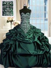 Best Sleeveless Taffeta Floor Length Zipper Vestidos de Quinceanera in Dark Green with Beading and Embroidery and Pick Ups