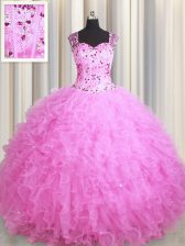 Dramatic See Through Zipper Up Rose Pink Ball Gowns Square Sleeveless Tulle Floor Length Zipper Beading and Ruffles 15 Quinceanera Dress