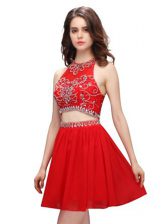  Chiffon Scoop Sleeveless Zipper Beading Prom Dress in Red